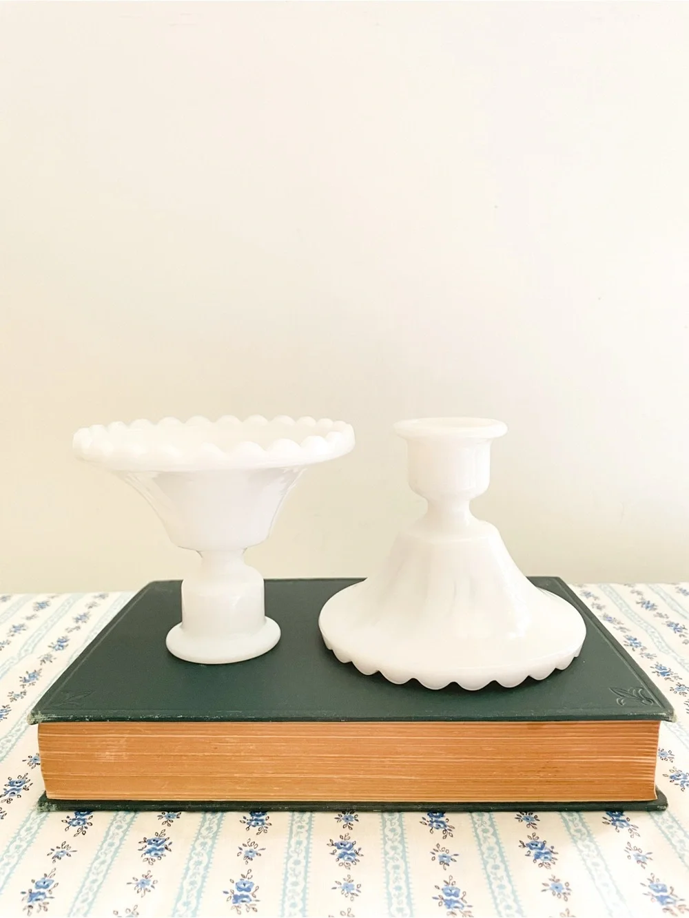 Vintage White Milk Glass Taper Candle Holders Pair - Scalloped Pie Crust Base